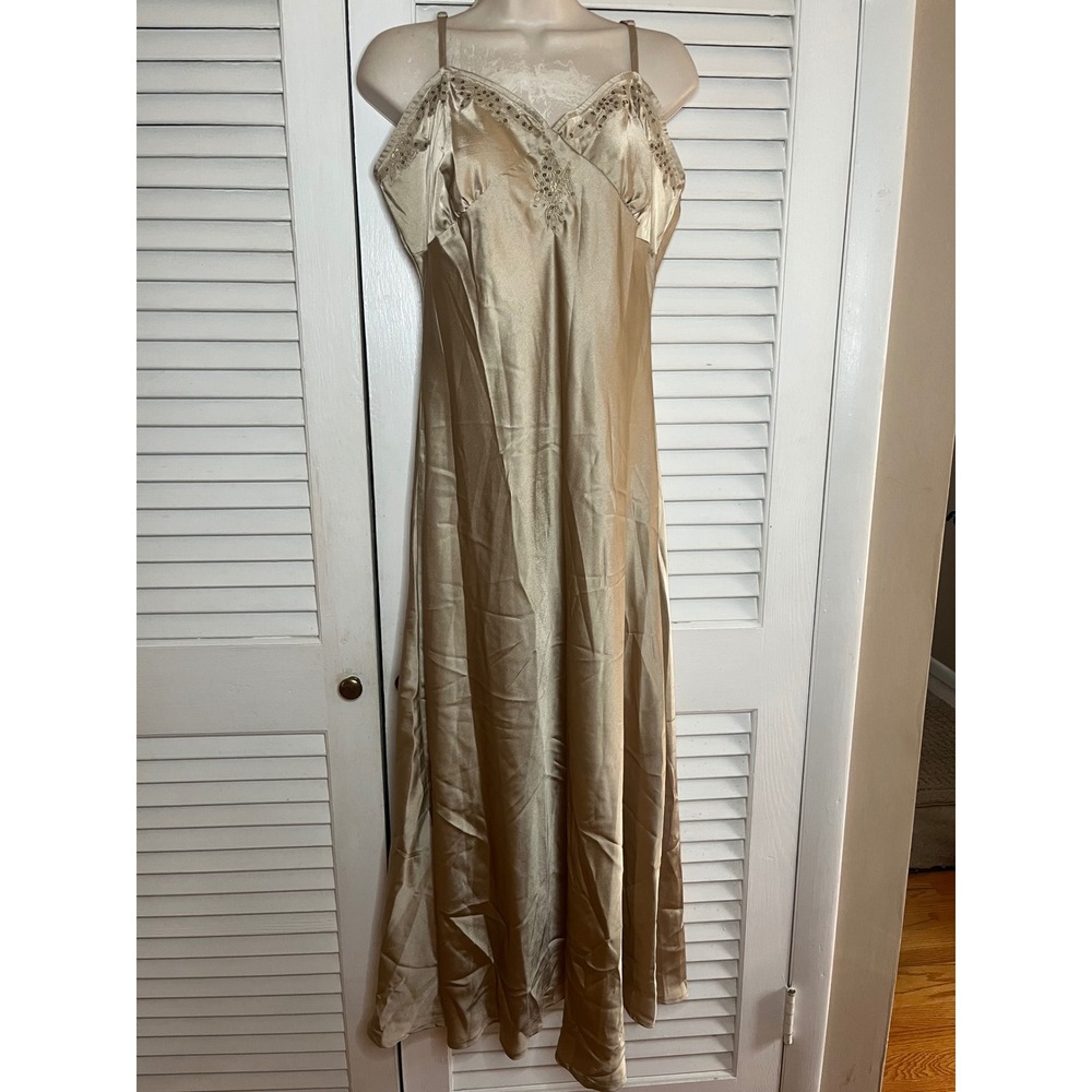 Vtg Newport News Champagne Gold Satin Nightgown Sequin Embroidered Maxi 14 NEW